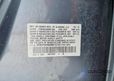 2013 Honda Pilot Touring z USA, uszkodzony, nr VIN 5FNYF4H96DB013743